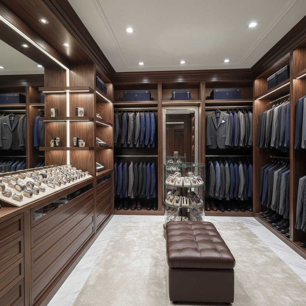 Here is the alt text: "image of a well -organized walk-in closet with an array of suits, shoes, and jewelry for men."