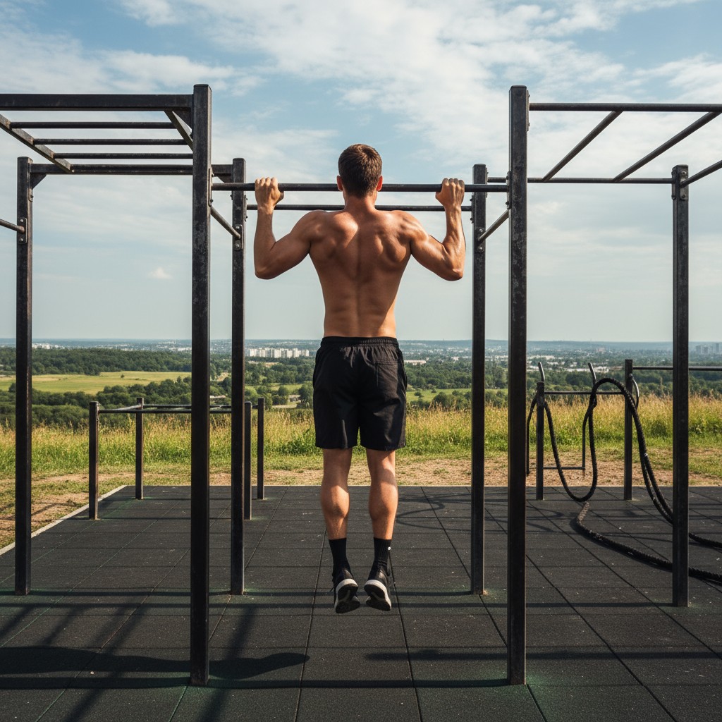 A man doing pull-ups on a black outdoor pull-up bar with a city view in the background.