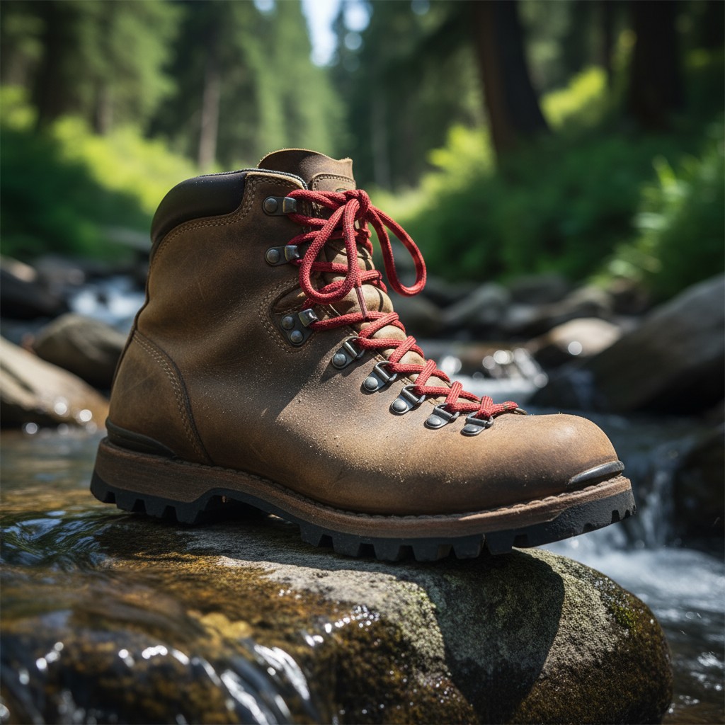 A hiking boot on a rock in a shallow mountain stream with cascading waterfalls in the background.